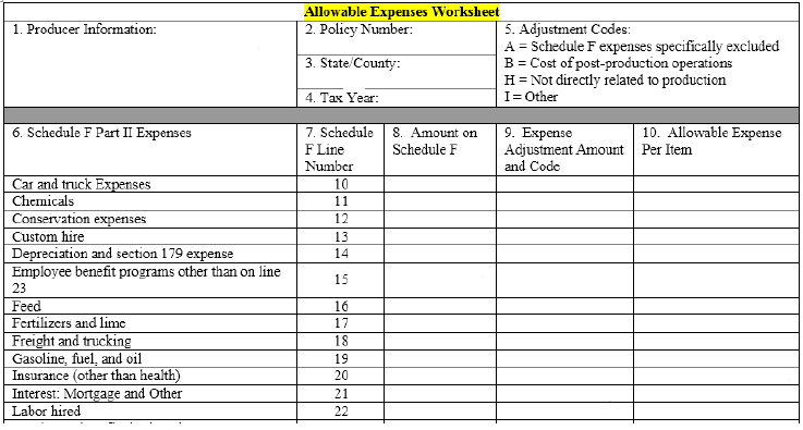 Allowable Expense Workseet